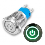 SS Switch IP67 16mm 12 to 24 Volts, Latching, Green Ring Indicator (Flat Head)
