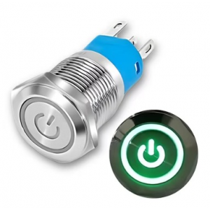SS Switch IP67 16mm 12 to 24 Volts, Latching, Green Ring Indicator (Flat Head)