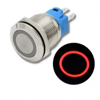 SS Switch IP67 22mm 12 to 24 Volts, Momentary, Red Ring Indicator (Flat Head)