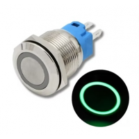 SS Switch IP67 22mm 12 to 24 Volts, Momentary, Green Ring Indicator (Flat Head)