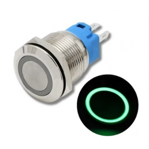 SS Switch IP67 22mm 12 to 24 Volts, Momentary, Green Ring Indicator (Flat Head)