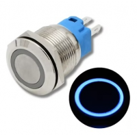 SS Switch IP67 22mm 12 to 24 Volts, Latching, Blue Ring Indicator (Flat Head)