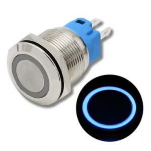 SS Switch IP67 22mm 12 to 24 Volts, Latching, Blue Ring Indicator (Flat Head)